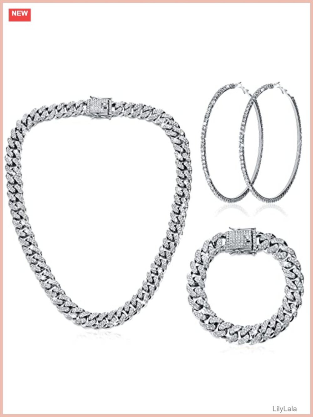 Cuban Link Necklace Bracelet Earrings Set Zinc Alloy Rhinestone Hip Hop Jewelry